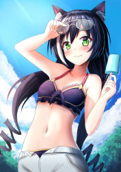 Rule 34 | 1girl, :3, animal ear fluff, animal ears, arm up, bare arms, bare shoulders, bikini, black hair, blue bikini, blue sky, blush, breasts, cat ears, closed mouth, cloud, cloudy sky, commentary request, day, eyewear lift, fang, fang out, food, frilled bikini, frills, green eyes, grey-framed eyewear, hair between eyes, highres, holding, holding food, karyl (princess connect!), karyl (summer) (princess connect!), lifted by self, long hair, multicolored hair, navel, open clothes, open fly, open shorts, outdoors, popsicle, princess connect!, prophosphere, ringlets, shorts, sky, small breasts, solo, streaked hair, swimsuit, twintails, very long hair, white hair, white shorts