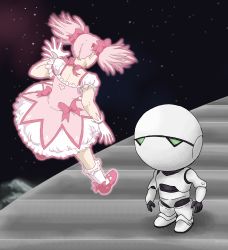 Rule 34 | 10s, 1girl, absurdres, bow, crossover, dress, floating, from behind, gloves, highres, kaname madoka, magical girl, mahou shoujo madoka magica, mahou shoujo madoka magica (anime), marvin the paranoid android, pink hair, robot, sailorptah, shoes, socks, space, the hitchhiker&#039;s guide to the galaxy, twintails