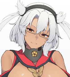 Rule 34 | 1girl, breasts, cape, close-up, collar, dark-skinned female, dark skin, hair between eyes, hair flaps, headgear, highres, huge breasts, kantai collection, looking at viewer, medium hair, metal collar, musashi (kancolle), out-of-frame censoring, semi-rimless eyewear, silver hair, simple background, smile, solo, takaman (gaffe), twintails, white background