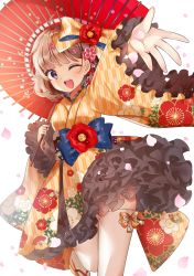 Rule 34 | 1girl, ;d, blush, bob cut, bow, brown hair, flower, frilled kimono, frills, hair bow, hair flower, hair ornament, happy new year, holding, holding umbrella, japanese clothes, kimono, long sleeves, looking at viewer, new year, obi, oil-paper umbrella, one eye closed, open mouth, original, outstretched arm, purple eyes, sash, short hair, smile, solo, tsukimiya sara, umbrella, wide sleeves