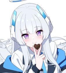 Rule 34 | 1girl, blue archive, blue necktie, blunt bangs, blush, candy, chocolate, chocolate heart, food, formal, halo, heart, jacket, long hair, looking at viewer, necktie, noa (blue archive), reia 76, smile, solo, straight hair, suit, upper body, white hair, white jacket, white suit