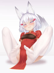 Rule 34 | 1girl, absurdres, animal ears, blush, china dress, chinese clothes, dress, feet, highres, john zerowb, looking at viewer, medium hair, parted lips, pelvic curtain, phase connect, purple eyes, soles, tail, tenma maemi, thighhighs, toes, virtual youtuber, white hair, white thighhighs