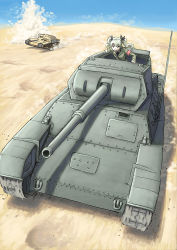 Rule 34 | 1girl, anchovy (girls und panzer), anzio military uniform, black ribbon, breasts, carro armato p40, carro veloce cv-33, caterpillar tracks, cloud, commentary request, day, desert, drill hair, dust cloud, girls und panzer, green hair, hair ribbon, military, military vehicle, motor vehicle, necktie, red eyes, ribbon, sky, smile, tank, twin drills, twintails, vent arbre
