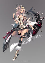 Rule 34 | 1girl, arm up, asymmetrical clothes, belt, blonde hair, boots, bow (weapon), bracelet, breasts, buttons, cleavage, clothes, detached sleeves, easy (easycrew), eyeshadow, full body, fur boots, grey background, grey eyes, hair ornament, hair stick, hairclip, high heels, highres, jewelry, leg up, leotard, long hair, looking away, makeup, medium breasts, original, patterned, ponytail, ring, shoes, signature, simple background, skirt, solo, tattoo, thighhighs, watermark, weapon, web address