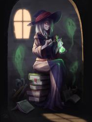 Rule 34 | 1girl, belt, book, book stack, collar, commentary request, dark room, full body, glowing, hair over one eye, hat, highres, holding, holding mushroom, light purple hair, light rays, little witch academia, long hair, looking at viewer, luna nova school uniform, mushroom, open book, plugby, poison, potion, raised eyebrow, red belt, red eyes, school uniform, shaded face, sharp teeth, signature, sitting, skull, smile, solo, sucy manbavaran, sunlight, teeth, watermark, white collar, wide sleeves, window, witch, witch hat