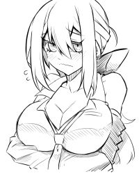 Rule 34 | 1girl, arms under breasts, blush, bow, breasts, cleavage, commentary request, detached sleeves, flying sweatdrops, greyscale, hair between eyes, hair bow, highres, jin (mugenjin), large breasts, long hair, looking at viewer, loose necktie, monochrome, necktie, shirt, sidelocks, sleeveless, sleeveless shirt, solo, upper body, vocaloid, yowane haku