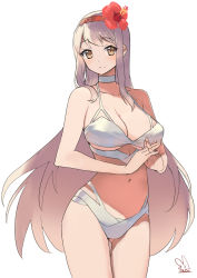 Rule 34 | alternate costume, bare shoulders, bikini, blush, breasts, brown eyes, cleavage, collarbone, cowboy shot, flower, hair flower, hair ornament, hairband, hibiscus, kantai collection, large breasts, long hair, looking at viewer, midriff, navel, red hairband, sensen, shoukaku (kancolle), signature, simple background, smile, solo, swimsuit, very long hair, white background, white bikini, white hair