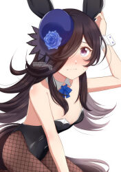 Rule 34 | 1girl, animal ears, black leotard, black pantyhose, blue bow, blue bowtie, blue flower, blue rose, bow, bowler hat, bowtie, breasts, detached collar, ear covers, fishnet pantyhose, fishnets, flower, hair over one eye, hat, hat flower, highres, horse girl, horse tail, leotard, long hair, mizuno 12, pantyhose, playboy bunny, purple eyes, rabbit ears, rabbit tail, rice shower (umamusume), rose, simple background, small breasts, solo, tail, tilted headwear, umamusume, white background, wrist cuffs
