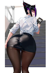 Rule 34 | 1girl, adjusting clothes, ass, black hair, blurry, blurry background, commentary request, fingernails, from behind, hair horns, han juri, highres, holding, looking at viewer, looking back, miniskirt, multicolored hair, nail polish, notebook, pantyhose, pantylines, parted lips, pencil skirt, purple eyes, purple hair, shirt, simple background, skirt, sleeves rolled up, stairs, street fighter, street fighter 6, white shirt, yagi (joe731842)
