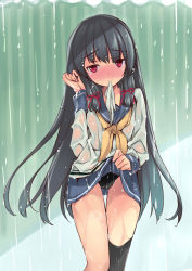 Rule 34 | 10s, 1girl, black hair, black panties, black thighhighs, blue skirt, blush, bow, clothes lift, hair bow, hair ribbon, isokaze (kancolle), kantai collection, long hair, mouth hold, panties, pleated skirt, rain, red eyes, rei (rei&#039;s room), revision, ribbon, school uniform, serafuku, skirt, skirt lift, solo, thighhighs, underwear, upskirt, very long hair, wet, wet clothes