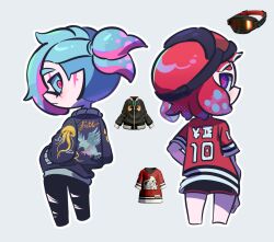 Rule 34 | 1boy, 1girl, black jacket, black pants, black shorts, blue hair, closed mouth, commentary request, cropped legs, game screenshot inset, goggles, goggles on head, grey background, hands in pockets, highres, inkling, inkling boy, inkling girl, inkling player character, jacket, korean commentary, looking back, medium hair, multicolored hair, nintendo, pants, pink eyes, pink hair, pointy ears, print jacket, purple eyes, red hair, red pupils, red trim, reference inset, short shorts, shorts, simple background, splatoon (series), splatoon 3, standing, tentacle hair, torn clothes, torn pants, two-tone hair, ufo sw, yen sign