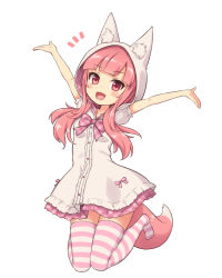 Rule 34 | 1girl, animal ear fluff, animal ears, animal hood, arms up, blush, bow, dress, fox ears, fox girl, fox tail, full body, hood, hood up, jumping, knees together feet apart, looking at viewer, no shoes, open mouth, original, pink hair, puffy short sleeves, puffy sleeves, red eyes, sasaame, short sleeves, simple background, solo, striped clothes, striped thighhighs, tail, thighhighs, white background