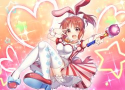 Rule 34 | 1girl, :d, abe nana, animal ears, bad id, bad pixiv id, bishie sparkle, blush, bow, breasts, brown eyes, brown hair, carrot necklace, cuffs, dress, fake animal ears, frilled dress, frills, glowing, hair bow, heart, high ponytail, highres, ichiren namiro, idolmaster, idolmaster cinderella girls, jewelry, medium breasts, necklace, open mouth, ponytail, rabbit ears, shoes, short sleeves, sitting, smile, solo, sparkle, sparkle background, thighhighs, underwear, v, wand, white thighhighs