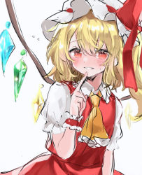 Rule 34 | 1girl, ascot, blonde hair, blush, crystal, finger to own chin, flandre scarlet, flying sweatdrops, full-face blush, grin, hair between eyes, hand up, hat, looking at viewer, medium hair, mob cap, one side up, puffy short sleeves, puffy sleeves, red eyes, red skirt, red vest, shinonome (ichigotsuki), short sleeves, simple background, sketch, skirt, smile, solo, touhou, upper body, vest, white background, white hat, wing collar, wings, wrist cuffs, yellow ascot