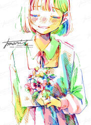 Rule 34 | 1girl, artist name, blush, bouquet, closed eyes, collared shirt, colorful, facing viewer, flower, hatching (texture), holding, holding bouquet, holding flower, long sleeves, neck ribbon, original, pansy, parted lips, pleated skirt, ribbon, school uniform, shirt, short hair, signature, simple background, skirt, smile, solo, standing, straight-on, straight hair, upper body, variant set, vest, watanabe tomari, watermark, white background