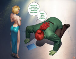 Rule 34 | 1boy, 1girl, alexander dinh, all fours, alternate costume, apologizing, ass, backless dress, backless outfit, begging, blonde hair, breasts, colored skin, dogeza, dress, elf, english text, evening gown, from above, from behind, ganondorf, green skin, hair bun, high heels, large breasts, looking at another, looking down, nintendo, pointy ears, ponytail, princess zelda, red hair, short hair, speech bubble, the legend of zelda, the legend of zelda: tears of the kingdom