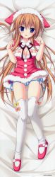 Rule 34 | 1girl, absurdres, bed, bed sheet, blue eyes, blue panties, blush, breasts, brown hair, capelet, clothes pull, copyright request, dakimakura (medium), dress pull, from above, full body, fur trim, hat, highres, huge filesize, legs, long image, looking at viewer, lying, moribe (rabumanyo), nipples, on back, on bed, panties, panty pull, santa costume, side-tie panties, solo, striped clothes, striped panties, tall image, thighhighs, underwear, white thighhighs