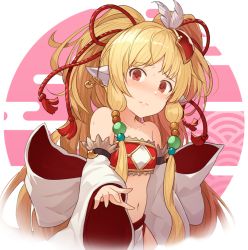 Rule 34 | 1girl, animal ears, bandeau, bare shoulders, beads, blonde hair, blush, closed mouth, collarbone, detached sleeves, egasumi, embarrassed, feather hair ornament, feathers, granblue fantasy, hair beads, hair ornament, harvin, head tilt, hinami (hinatamizu), long hair, looking at viewer, mahira (granblue fantasy), navel, nose blush, parted bangs, reaching, reaching towards viewer, red eyes, seigaiha, solo, stomach, tassel, very long hair, white background, white feathers, wide sleeves