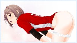 Rule 34 | 1girl, ass, bent over, blush, brown eyes, brown hair, bubble background, dedenden (pixiv30568724), from behind, highres, jersey, looking at viewer, open mouth, panties, panty pull, pink background, red shirt, shirt, short hair, short sleeves, standing, two-tone background, underwear, white background, white panties