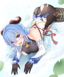 Rule 34 | 1girl, absurdres, ahoge, ass, bare shoulders, black pantyhose, blue hair, blush, bodysuit, breasts, detached sleeves, embarrassed, ganyu (genshin impact), genshin impact, gloves, gold trim, highres, horns, large breasts, leotard, leotard under clothes, lily pad, long hair, looking at viewer, lying, on stomach, open mouth, pantyhose, purple eyes, shiny clothes, shiny skin, skindentation, smile, solo, tears, torn clothes, torn leotard, torn pantyhose, very long hair, waist cape, water, wet, wet clothes, wet hair, xubai