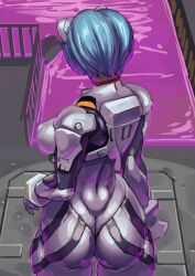 Rule 34 | 1girl, ass, ayanami rei, blue hair, bodysuit, breasts, commentary request, covered erect nipples, cowboy shot, fence, from above, from behind, highres, huge ass, indoors, interface headset, liquid, neon genesis evangelion, number print, numbered, pilot suit, plugsuit, sashizume soutarou, shiny clothes, short hair, sideboob, skin tight, solo, standing, thick thighs, thighs, white bodysuit, wide hips
