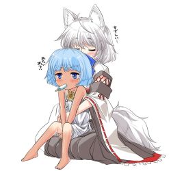 Rule 34 | 2girls, ahoge, animal ears, bare arms, bare shoulders, barefoot, blue bow, blue eyes, blue hair, blush, bow, cirno, closed eyes, detached sleeves, dress, flower, food, food in mouth, hair bow, hakama, hakama skirt, hug, hug from behind, inubashiri momiji, japanese clothes, kei kei, multiple girls, popsicle, ribbon-trimmed sleeves, ribbon trim, seiza, sitting, skirt, sundress, sunflower, tail, tanned cirno, touhou, translation request, v arms, white dress, white hair, wide sleeves, wolf ears, wolf tail