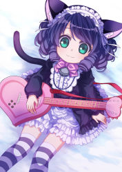 Rule 34 | 1girl, 54hao, :3, animal ears, bad id, bad pixiv id, bell, black dress, black hair, blush, bow, bowtie, cat ears, cat girl, cat tail, closed mouth, commentary request, curly hair, cyan (show by rock!!), dress, frilled dress, frills, from above, gothic lolita, green eyes, guitar, heart guitar, highres, instrument, jingle bell, lolita fashion, long sleeves, looking at viewer, looking up, maid headdress, pink bow, pink bowtie, puffy long sleeves, puffy sleeves, ribbon, ringlets, show by rock!!, sitting, solo, striped clothes, striped thighhighs, tail, thighhighs, white ribbon