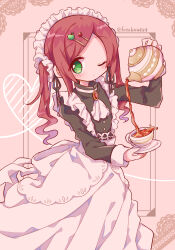 Rule 34 | 1girl, absurdres, andou ringo, apron, black dress, blush, cup, dress, futaba969649, green eyes, heart, highres, holding, holding cup, long hair, looking at viewer, maid, maid apron, maid headdress, one eye closed, puyopuyo, red hair, solo, teapot, twintails