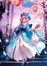 Rule 34 | 1girl, arm garter, bag, black footwear, blue dress, blue hat, blue sash, breasts, bug, butterfly, candy apple, commentary request, dress, food, full body, hand up, hat, highres, holding, holding bag, holding food, ikayaki, insect, ke-ta, looking at viewer, mob cap, obi, okobo, parted lips, pink eyes, pink hair, revision, saigyouji yuyuko, sandals, sash, shoes, short hair, small breasts, smile, socks, solo, stairs, standing, touhou, triangular headpiece, white socks