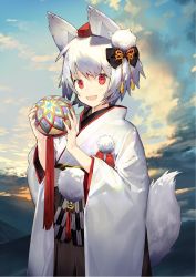 Rule 34 | 1girl, akeome, animal ears, ball, black bow, blue sky, bow, chinese zodiac, cloud, cloudy sky, hair bow, happy new year, hat, highres, holding, holding ball, inubashiri momiji, japanese clothes, kimono, kitada mo, long sleeves, looking at viewer, new year, open mouth, outdoors, pom pom (clothes), red eyes, short hair, sky, smile, solo, tail, temari ball, tokin hat, touhou, white hair, white kimono, wide sleeves, wolf ears, wolf tail, year of the dog