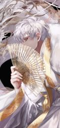 Rule 34 | 1boy, fek zin, from side, grey hair, hand fan, highres, holding, holding fan, korean clothes, long sleeves, male focus, original, profile, short hair, solo, tassel, transparent, white hair, wide sleeves, yellow eyes