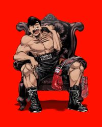 1boy black_footwear black_hair black_pants boxing_gloves boxing_shorts carota327 chair character_name closed_eyes ear_picking elbow_rest gloves hajime_no_ippo highres muscular on_chair open_mouth pants pompadour red_background red_gloves scar scar_on_chest sharp_teeth shorts simple_background sitting_on_throne takamura_mamoru tan teeth thick_eyebrows throne yawning