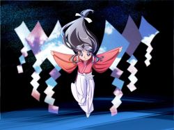Rule 34 | 1girl, black hair, flying, hakama, hakama skirt, japanese clothes, kimono, long hair, long sleeves, looking at viewer, low-tied long hair, miko, outstretched arms, shokkin, skirt, solo, spread arms, very long hair, white skirt