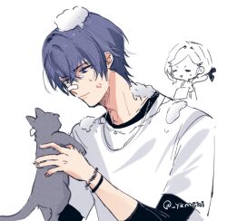 Rule 34 | 1boy, 1girl, anger vein, animal, black cat, black shirt, blue hair, cat, chibi, closed mouth, commentary, english commentary, hair between eyes, holding, holding animal, layered sleeves, long sleeves, male focus, marius von hagen (tears of themis), mio (yuki mochi), purple eyes, rosa (tears of themis), shirt, short over long sleeves, short sleeves, simple background, solo focus, tears of themis, twitter username, upper body, white background, white shirt