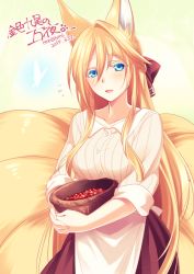 Rule 34 | 1girl, :d, animal ears, apron, basket, blonde hair, blue eyes, blush, bow, breasts, brown skirt, commentary request, cowboy shot, dated, flying sweatdrops, fox ears, fox tail, hair between eyes, hair bow, holding, kitsune, konshin, large breasts, long hair, looking at viewer, multiple tails, open mouth, original, own hands together, signature, skirt, smile, solo, standing, tail, very long hair