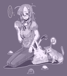 Rule 34 | 1girl, bag, blush, braid, breasts, cat, covered erect nipples, food, fruit, glasses, groceries, impossible clothes, impossible shirt, kneeling, large breasts, long hair, messy, messy hair, monochrome, purple theme, shirt, shopping bag, solo, spring onion, sweatdrop, taru neko, twin braids