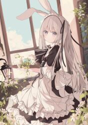 Rule 34 | 1girl, animal ears, apron, black dress, blue sky, brown eyes, closed mouth, cloud, commentary request, cup, dress, flower, frilled apron, frills, from side, grey hair, highres, holding, holding tray, indoors, kushida you, lantern, long hair, maid, maid headdress, original, puffy short sleeves, puffy sleeves, rabbit ears, short sleeves, sky, solo, teacup, teapot, tray, twintails, very long hair, white apron, white flower, window
