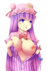 Rule 34 | 1girl, blue bow, blue ribbon, bow, breasts, crescent, crescent hair ornament, female focus, hair ornament, hair ribbon, hak, hat, hat ribbon, highres, large breasts, long hair, nipples, pajamas, patchouli knowledge, purple eyes, purple hair, red bow, red ribbon, ribbon, simple background, solo, striped, touhou, white background