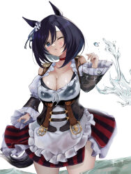 Rule 34 | 1girl, animal ears, bare shoulders, black dress, black hair, blue eyes, blush, breasts, choker, cleavage, commentary request, cowboy shot, detached sleeves, dress, ear scrunchie, eishin flash (umamusume), hair between eyes, highres, horse ears, horse girl, horse tail, large breasts, long sleeves, medium hair, parted lips, partially submerged, red choker, simple background, solo, tail, umainu 2002, umamusume, wet, white background