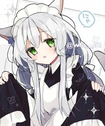Rule 34 | 1girl, :d, alternate costume, animal ears, apron, arknights, black dress, blush, cat ears, cat girl, cat tail, collared dress, dress, enmaided, frilled apron, frilled dress, frills, green eyes, hair ribbon, head tilt, itsuki 02, long hair, long sleeves, looking at viewer, maid, maid headdress, open mouth, pleated dress, ribbon, rosmontis (arknights), simple background, skirt hold, smile, solo, sparkle, tail, twitter username, upper body, white apron, white background, white hair, white ribbon