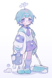Rule 34 | 1girl, ahoge, aqua coat, aqua footwear, aqua hair, aqua wrist cuffs, arms at sides, artist name, blue-framed eyewear, blunt bangs, bow, broom, bucket, buckle, closed mouth, coat, cotono (nazekun), creature, crooked eyewear, dot nose, double-parted bangs, full body, glassshard, gradient hair, hair bow, highres, holding, holding broom, holding bucket, jacket, leg warmers, multicolored hair, necktie, open clothes, open jacket, original, pleated skirt, purple eyes, purple hair, purple necktie, round eyewear, shirt, shoes, short hair, simple background, skirt, solo, standing, two-tone footwear, two side up, white background, white footwear, white jacket, white shirt, wing collar