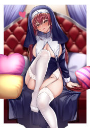 Rule 34 | 1girl, absurdres, border, breasts, breasts out, couch, garter belt, habit, heart, highres, hololive, houshou marine, houshou marine (nun), kneehighs, large breasts, leg up, long hair, nun, open mouth, pillow, red eyes, red hair, sitting, socks, solo, thighs, tufang, underboob, virtual youtuber, white border, white socks