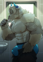 Rule 34 | 1boy, abs, absurdres, animal ears, arm tattoo, ass, bara, beard, bernado alte a, bigfoot (housamo), blue horns, blue male underwear, brushing teeth, bulge, closed eyes, covered penis, cow ears, dressing, facial hair, feet out of frame, from side, furry, furry male, hair between eyes, highres, horns, i&#039;ve never seen a guy recreate this successfully tbh (meme), large bulge, large pectorals, male focus, male underwear, mature male, meme, minotaur, muscular, muscular male, navel, navel hair, nipples, open pants, pants, pants lift, pectorals, short hair, solo, stomach, sunlight, tattoo, thick thighs, thighs, tokyo houkago summoners, topless male, tribal tattoo, underwear, white fur, white hair