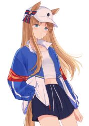 Rule 34 | 1girl, alternate costume, animal ears, arm at side, baseball cap, black shorts, blue eyes, blue jacket, breasts, brown hair, crop top, ears through headwear, grass wonder (umamusume), hand in pocket, hat, highres, horse ears, horse girl, horse tail, jacket, long sleeves, looking at viewer, midriff, navel, open clothes, open jacket, parted lips, rio (rio 067), shirt, shorts, simple background, small breasts, solo, tail, twitter username, umamusume, white background, white hat, white shirt