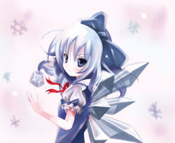 Rule 34 | &gt;:(, 1girl, blue eyes, blue hair, bow, cirno, frown, hair bow, ice, kukyo, looking at viewer, looking back, matching hair/eyes, no nose, serious, short hair, snowflakes, solo, embodiment of scarlet devil, touhou, tsurime, v-shaped eyebrows, wings