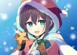 Rule 34 | 1girl, blue background, blue eyes, blush, brown gloves, brown hair, capelet, christmas, fur trim, gloves, hair between eyes, holding, holding sack, holding star, hood, hood up, hooded capelet, kantai collection, open mouth, pom pom (clothes), sack, santa costume, shigure (kancolle), simple background, snowflakes, snowing, solo, sparkle, star (symbol), upper body, yukichi (eikichi)