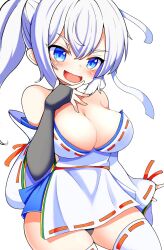 Rule 34 | 1girl, :d, bare shoulders, black gloves, blue eyes, blue skirt, breasts, cleavage, commentary, fingerless gloves, gloves, gyuta, highres, japanese clothes, kariginu, large breasts, long hair, long sleeves, mononobe no futo, official alternate costume, open mouth, ponytail, ribbon-trimmed legwear, ribbon trim, simple background, skirt, smile, solo, thighhighs, touhou, white background, white hair, white thighhighs