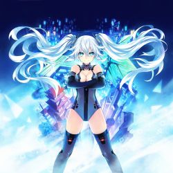 Rule 34 | &gt;:), 10s, 1girl, aqua eyes, bare shoulders, black gloves, black heart (neptunia), bodysuit, breasts, building, chou megami shinkou noire gekishin black heart, circle, cityscape, cleavage, cleavage cutout, clothing cutout, crossed arms, elbow gloves, floating hair, gloves, glowing, grey thighhighs, gunbuster pose, hair between eyes, halterneck, highres, kami jigen game neptune v, leotard, light particles, light smile, long hair, looking at viewer, magical girl, medium breasts, neptune (series), noire (neptunia), official art, playstation symbols, power symbol, power symbol-shaped pupils, skyscraper, smile, solo, square, standing, symbol-shaped pupils, thighhighs, triangle, tsunako, turtleneck, twintails, v-shaped eyebrows, very long hair, white hair