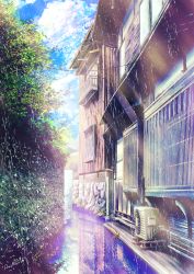 Rule 34 | air conditioner, aoi minato (aoiminato ship), awning, blue sky, branch, building, cloud, commentary request, grass, highres, house, leaf, no humans, original, outdoors, rain, reflection, reflective water, road, scenery, signature, sky, street, summer, sunlight, tree, water, window