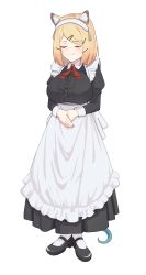 Rule 34 | 1girl, absurdres, alternate costume, animal ears, apron, arknights, black dress, black footwear, blonde hair, blush, breasts, closed eyes, dress, enmaided, full body, hair ornament, hairclip, highres, large breasts, long sleeves, maid, maid apron, radioneet, shoes, short hair, simple background, smile, socks, solo, standing, tail, utage (arknights), waist apron, white apron, white background, white socks